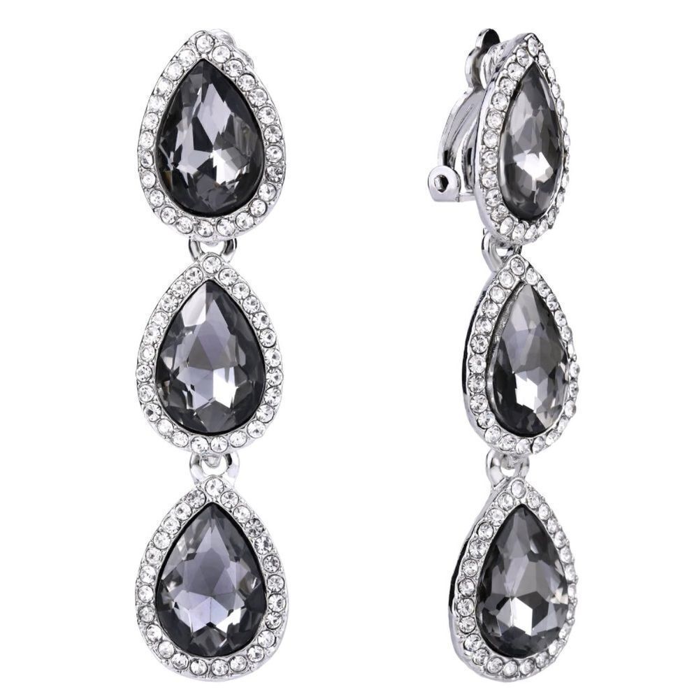 Silver with Charcoal Gray and White Diamond Austrian Crystal Clip On Earrings